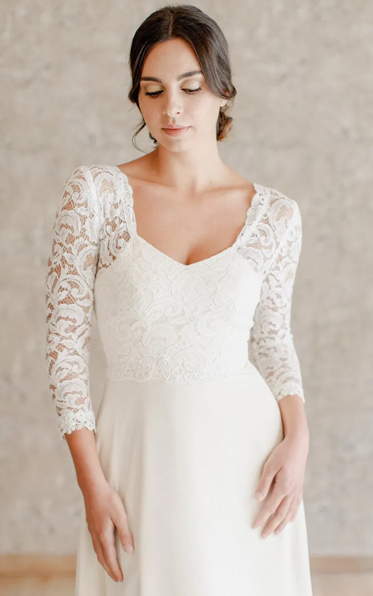 Romantic A Line Ankle-length 3/4 Length Sleeve Chiffon Queen Anne Wedding Dress-716184