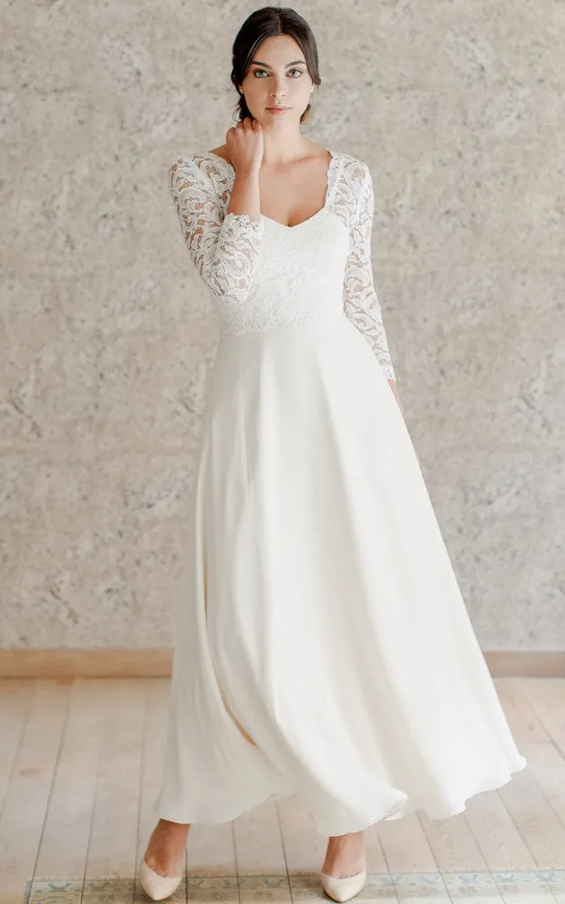 Romantic A Line Ankle-length 3/4 Length Sleeve Chiffon Queen Anne Wedding Dress-716184