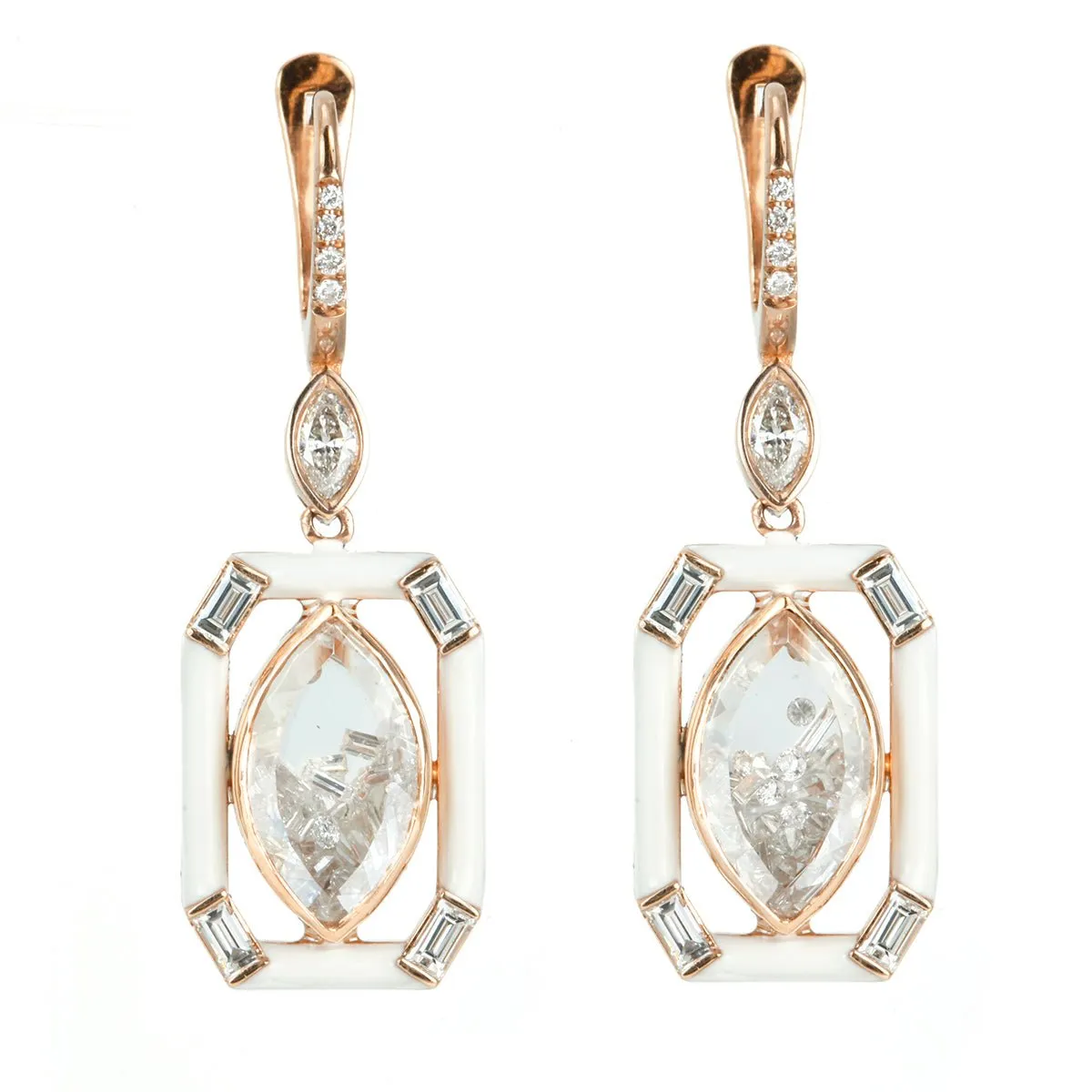 Rose Gold Marquise-Shaped Diamond "Shake" Earrings with White Enamel
