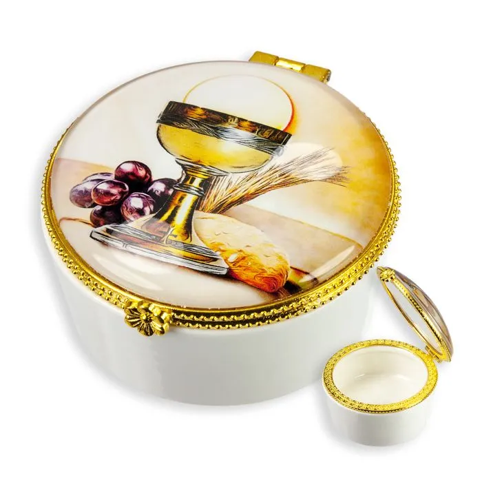 Round Porcelain Rosary First Communion Box with Glass Enclosed Top