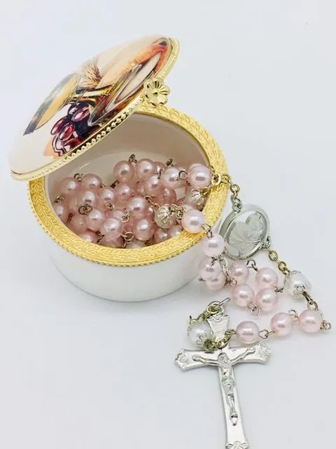 Round Porcelain Rosary First Communion Box with Glass Enclosed Top