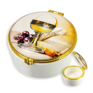 Round Porcelain Rosary First Communion Box with Glass Enclosed Top