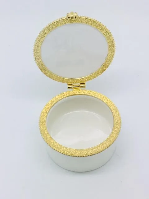 Round Porcelain Rosary First Communion Box with Glass Enclosed Top
