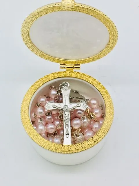Round Porcelain Rosary First Communion Box with Glass Enclosed Top