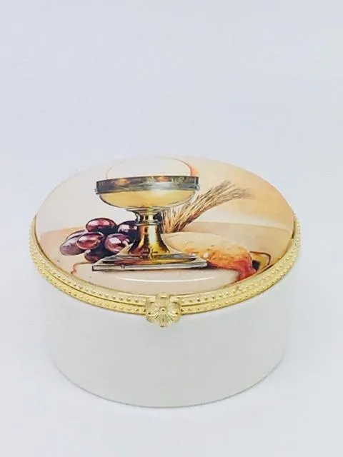 Round Porcelain Rosary First Communion Box with Glass Enclosed Top