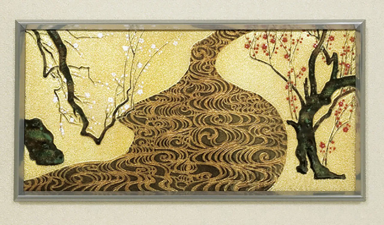 Saikosha - #002-09 Ogata Korin Kohaku Bai-zu (Framed Cloisonné ware) - Free Shipping