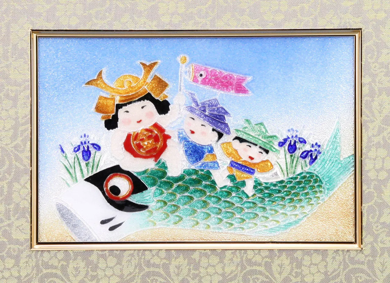 Saikosha - #008-16  Carp with children (Framed Cloisonné ware) - Free Shipping