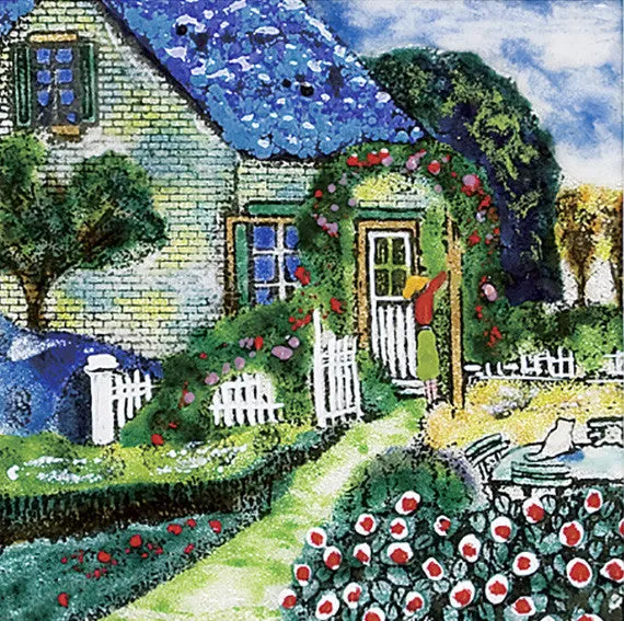 Saikosha - #015-09 Blue roof house (Framed Cloisonné ware) - Free Shipping