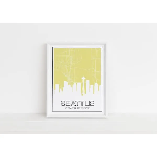 Seattle Washington skyline and map with coordinates