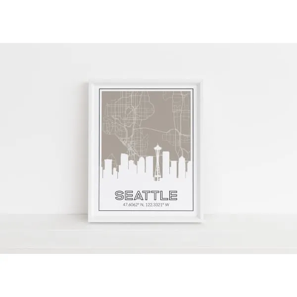 Seattle Washington skyline and map with coordinates