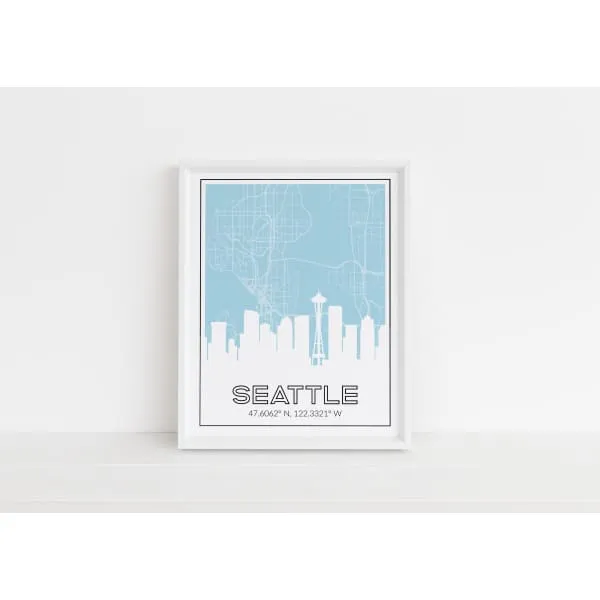 Seattle Washington skyline and map with coordinates