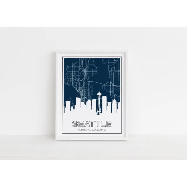 Seattle Washington skyline and map with coordinates