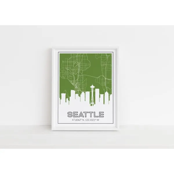 Seattle Washington skyline and map with coordinates