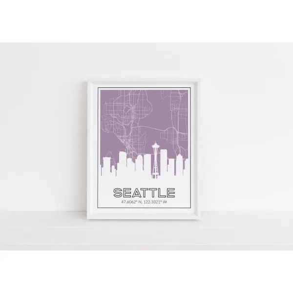 Seattle Washington skyline and map with coordinates