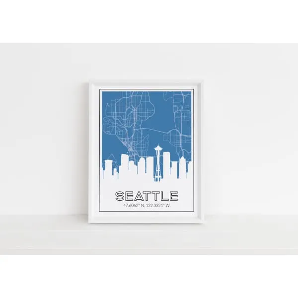 Seattle Washington skyline and map with coordinates