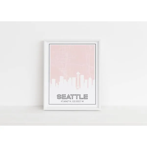 Seattle Washington skyline and map with coordinates