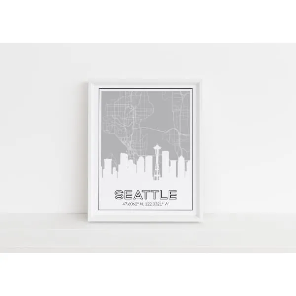 Seattle Washington skyline and map with coordinates