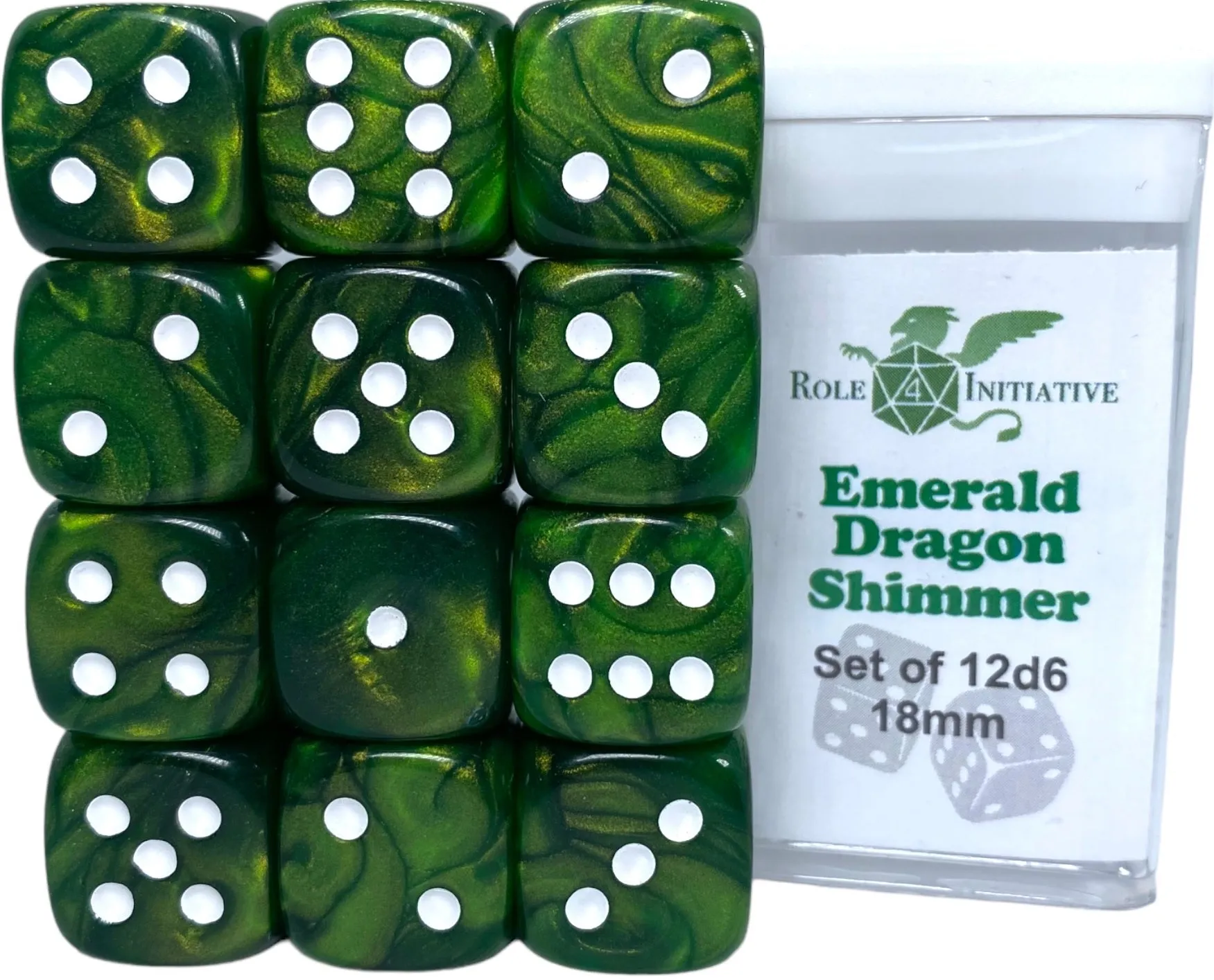 SET OF 12D6 PIPS DICE: EMERALD DRAGON SHIMMER 18MM