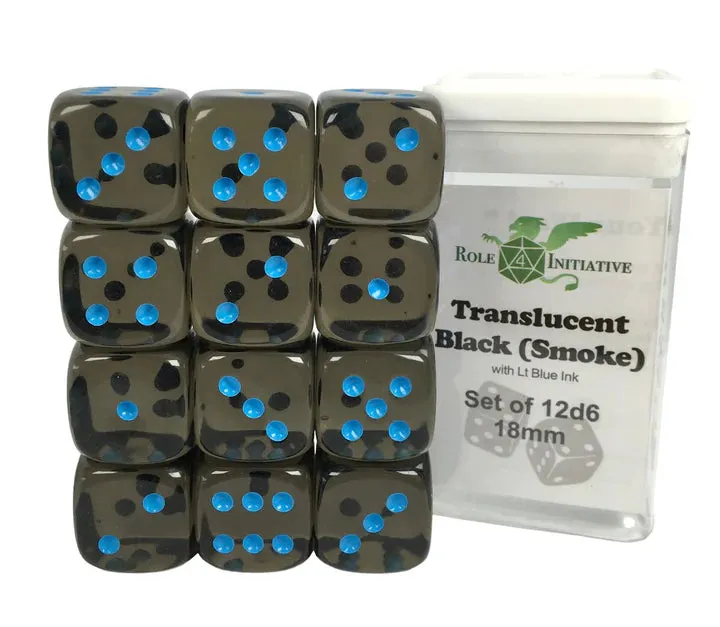 SET OF 12D6 PIPS DICE: TRANSLUCENT BLACK/LT. BLUE 18MM