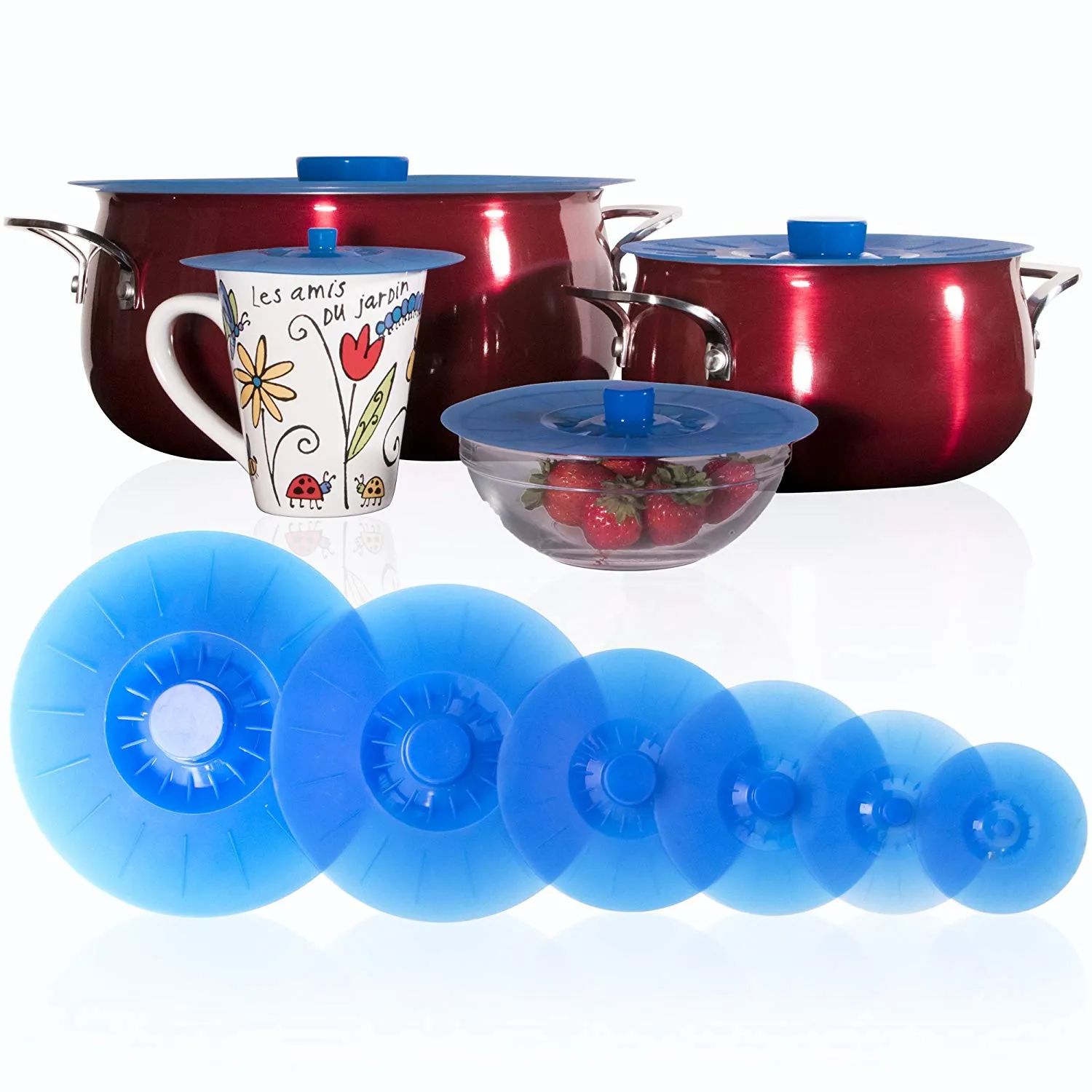 Silicone Lids Extra Large Set of 6 Sturdy Suction Seal Covers. Universal fit for Pots, Fry Pans, Cups and Bowls 5" to 12". Natural grip handles that interlock for easy use and storage. Food Safe.