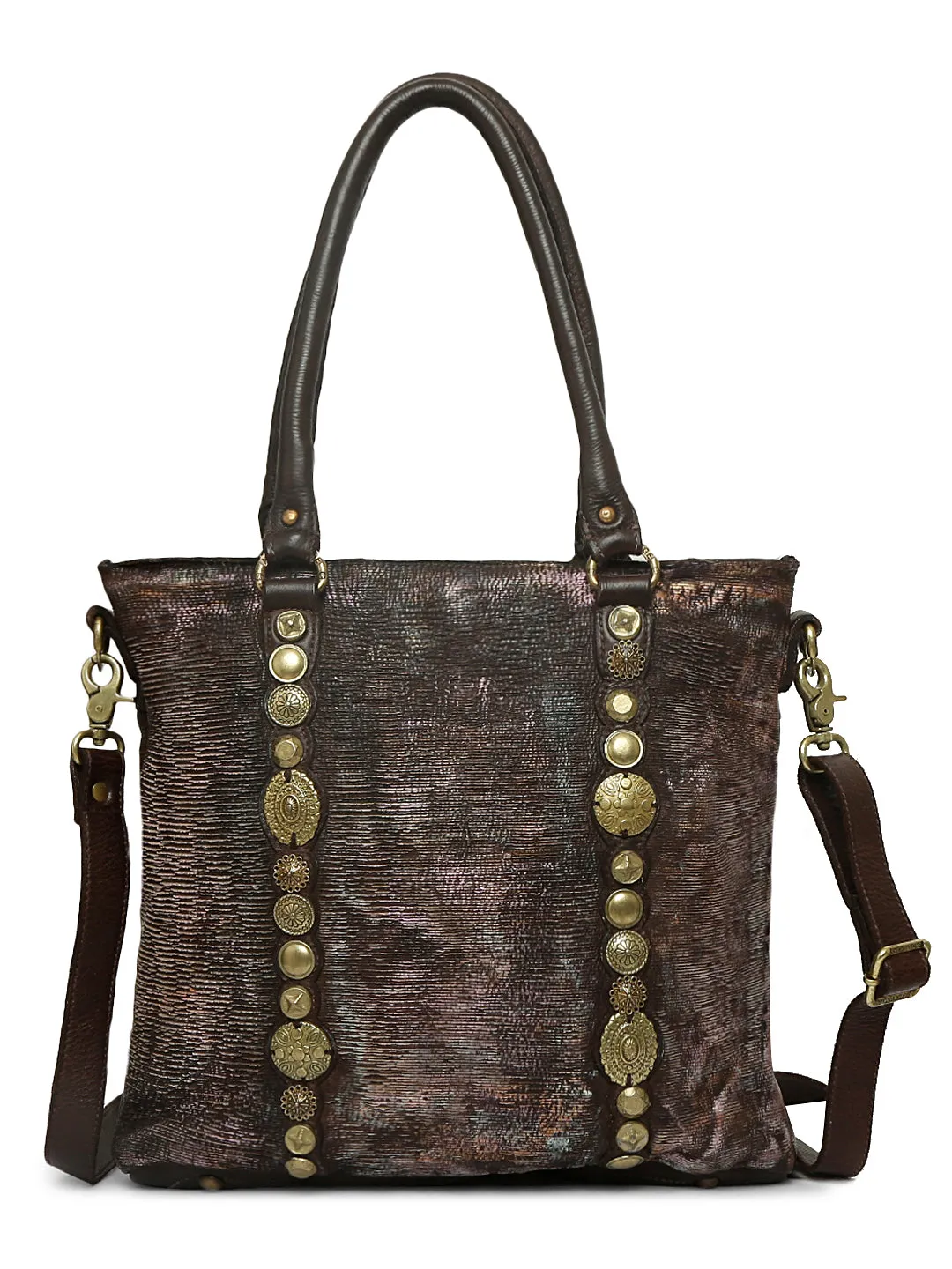 Silvia: Metallic Effect Razor With Golden Concho Leather Tote Handbag.