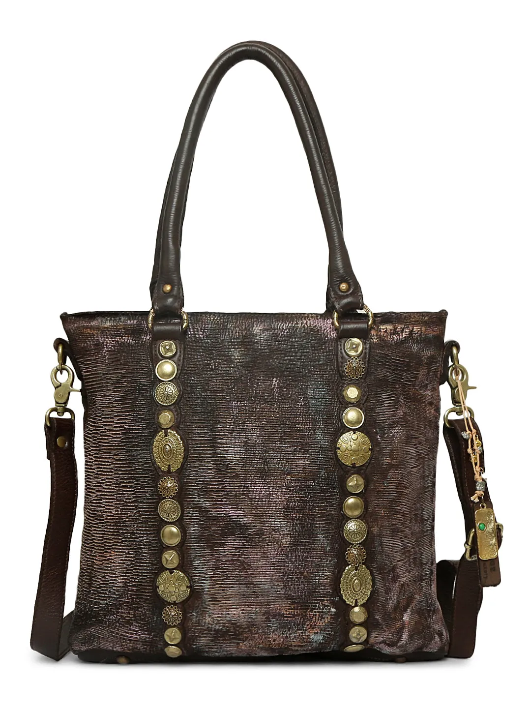Silvia: Metallic Effect Razor With Golden Concho Leather Tote Handbag.