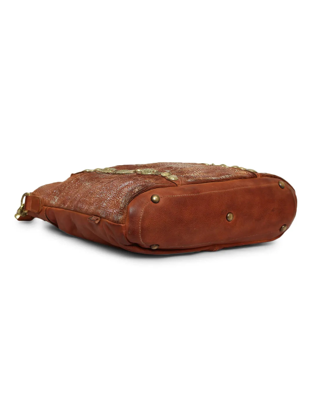 Silvia: Metallic Effect Razor With Golden Concho Leather Tote Handbag.