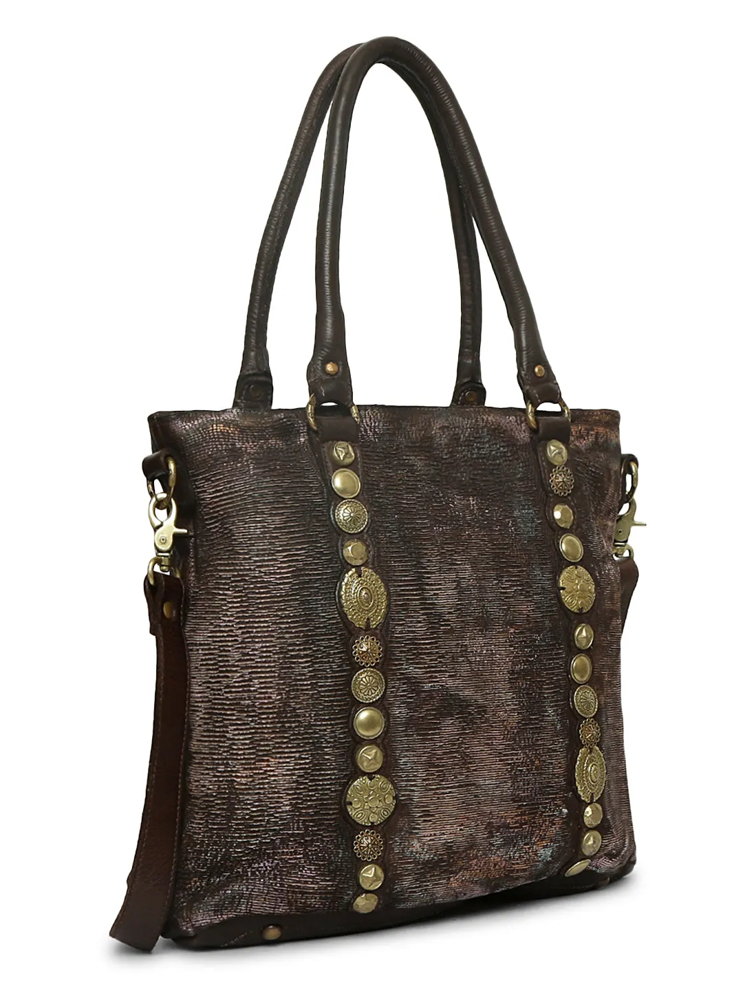 Silvia: Metallic Effect Razor With Golden Concho Leather Tote Handbag.