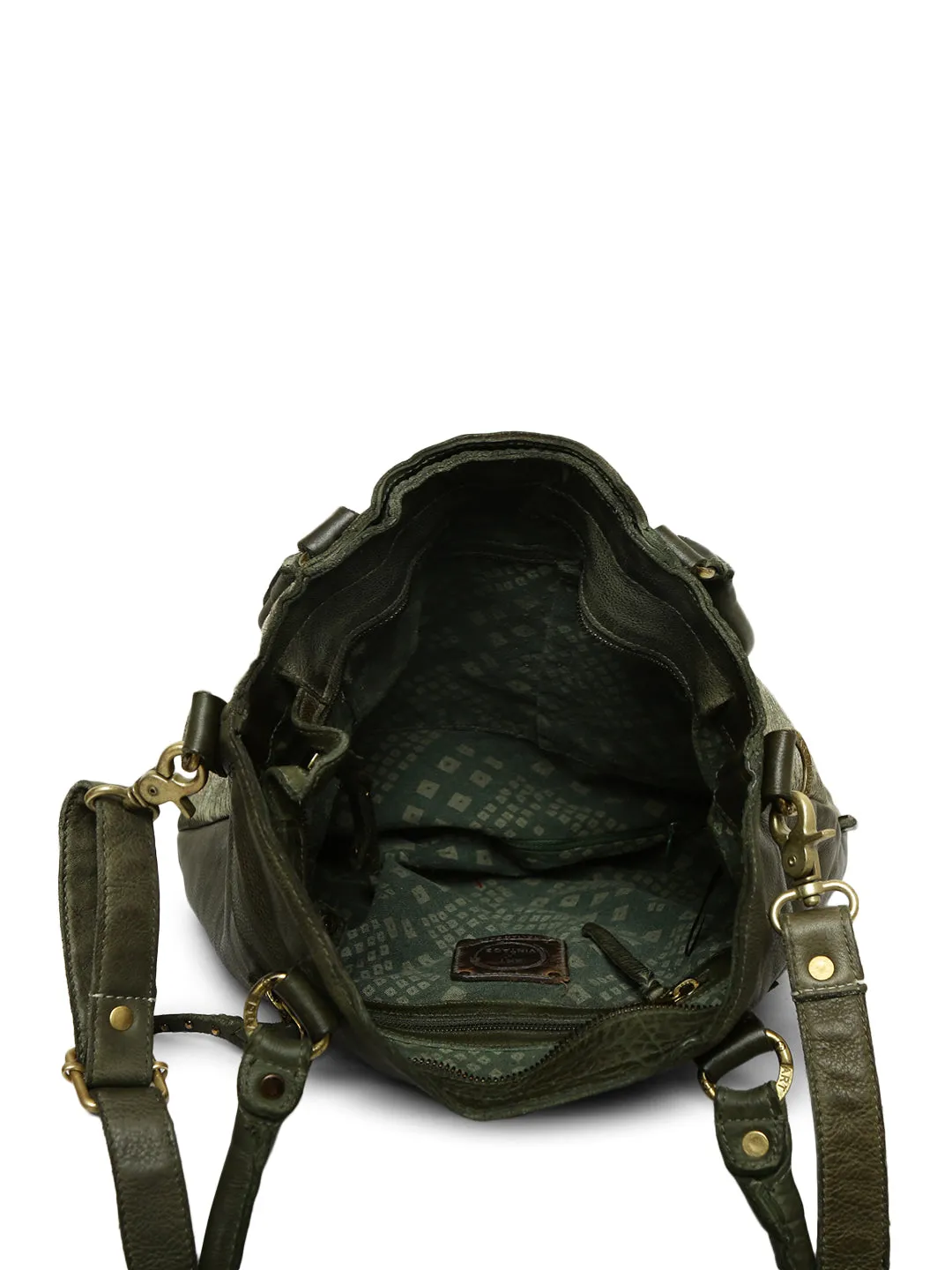 Silvia: Metallic Effect Razor With Golden Concho Leather Tote Handbag.