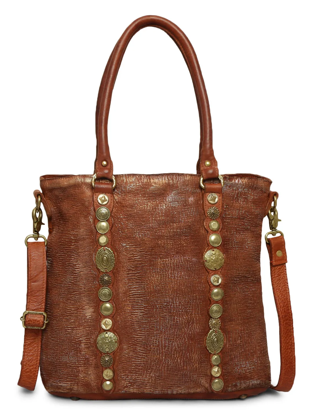 Silvia: Metallic Effect Razor With Golden Concho Leather Tote Handbag.