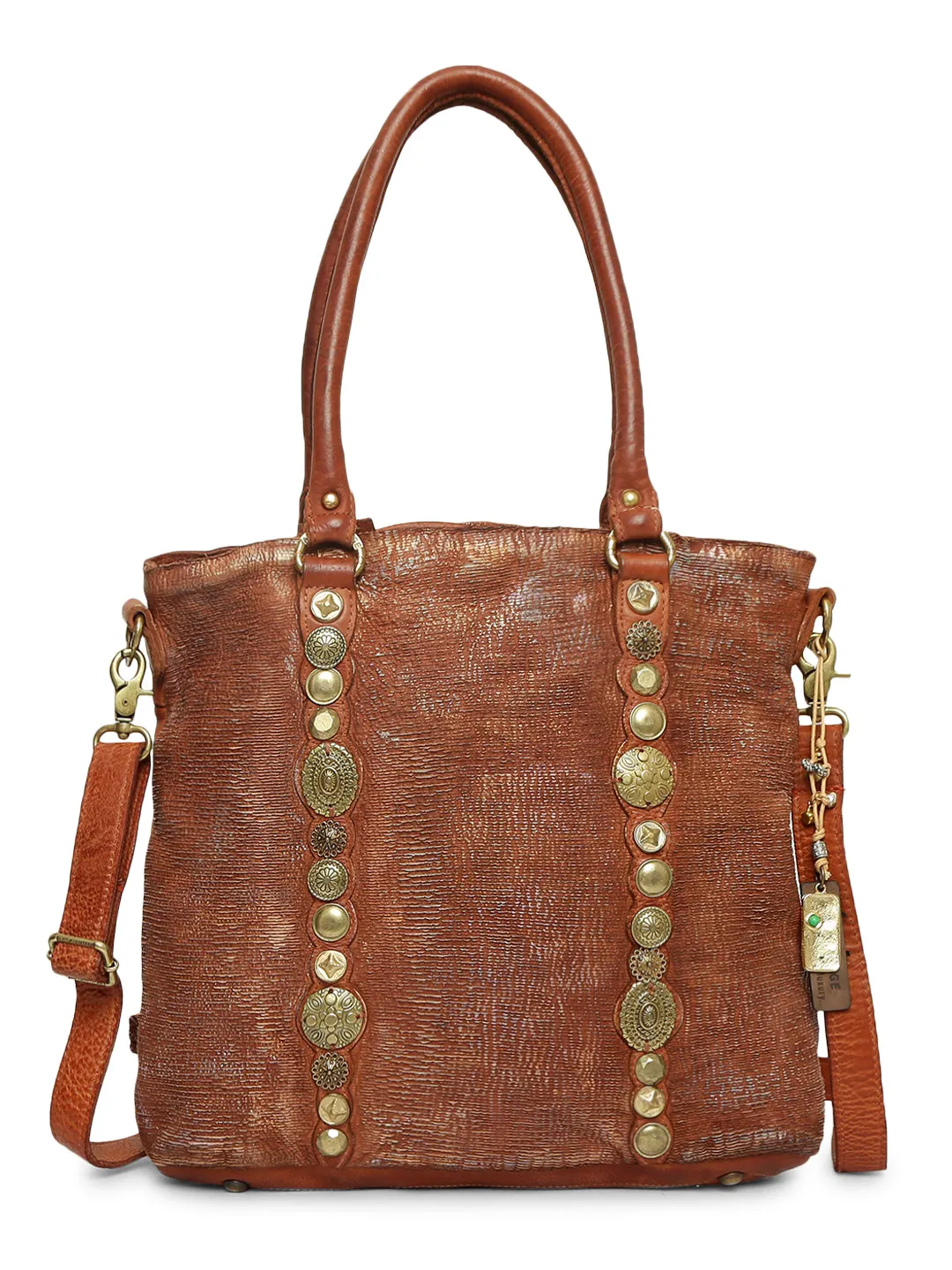 Silvia: Metallic Effect Razor With Golden Concho Leather Tote Handbag.