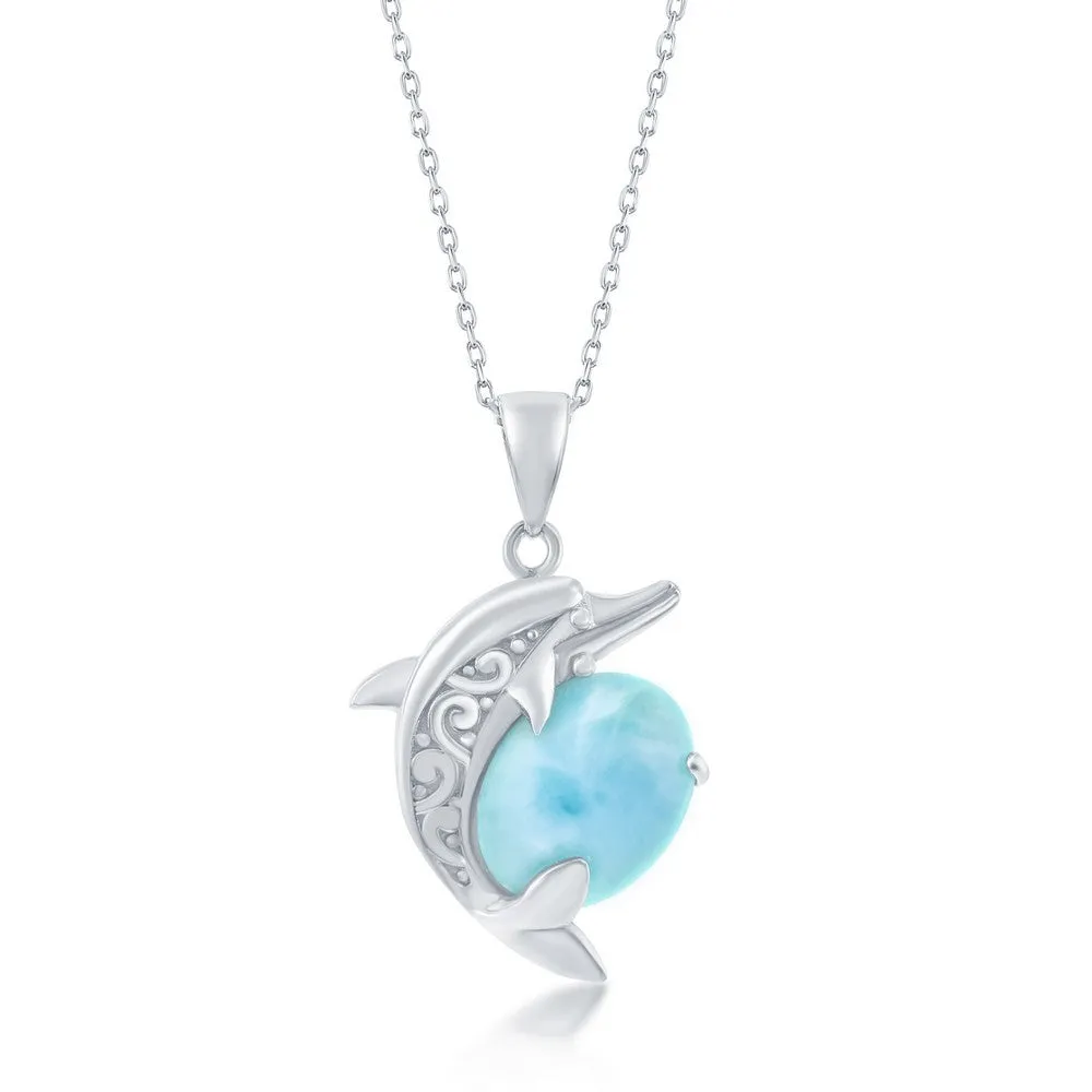 Sterling Silver Designed Dolphin Larimar Pendant (94671)