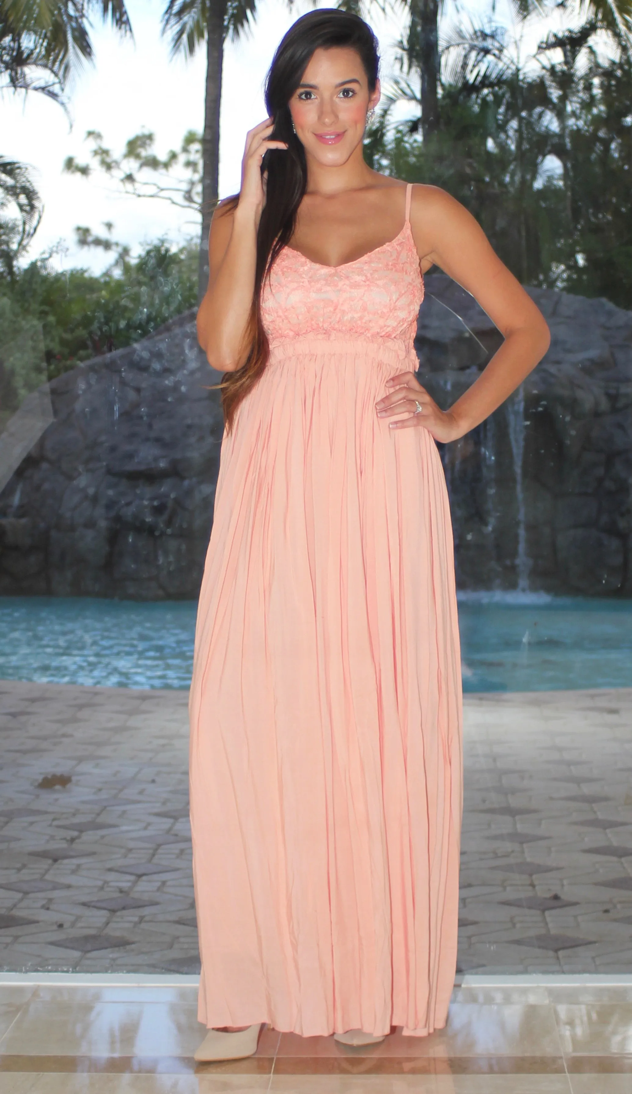 Textured Open Back Maxi Dress - Peach