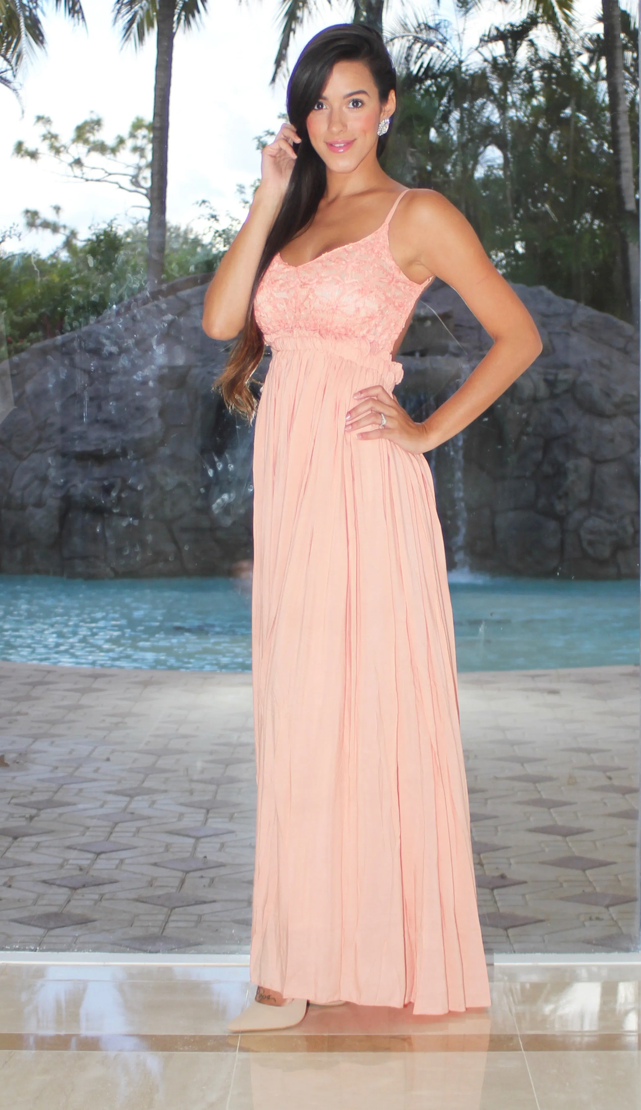 Textured Open Back Maxi Dress - Peach