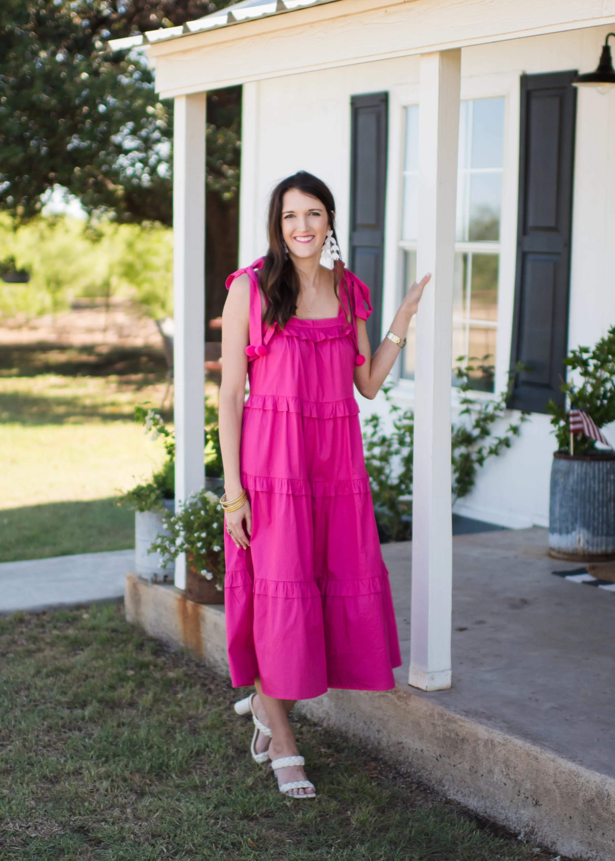 think PINK pom pom midi dress