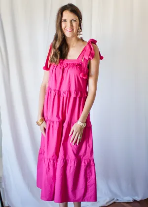 think PINK pom pom midi dress