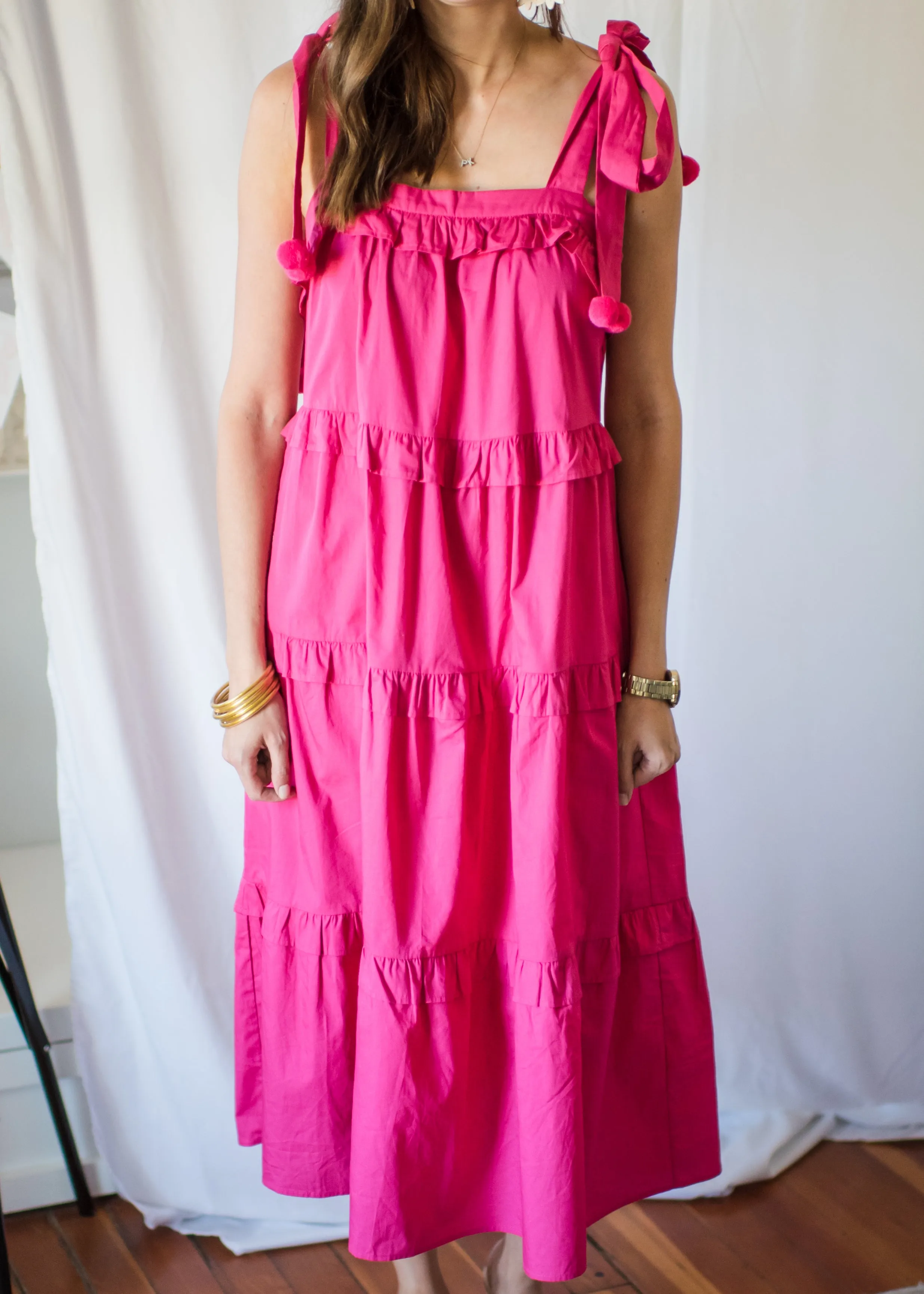 think PINK pom pom midi dress