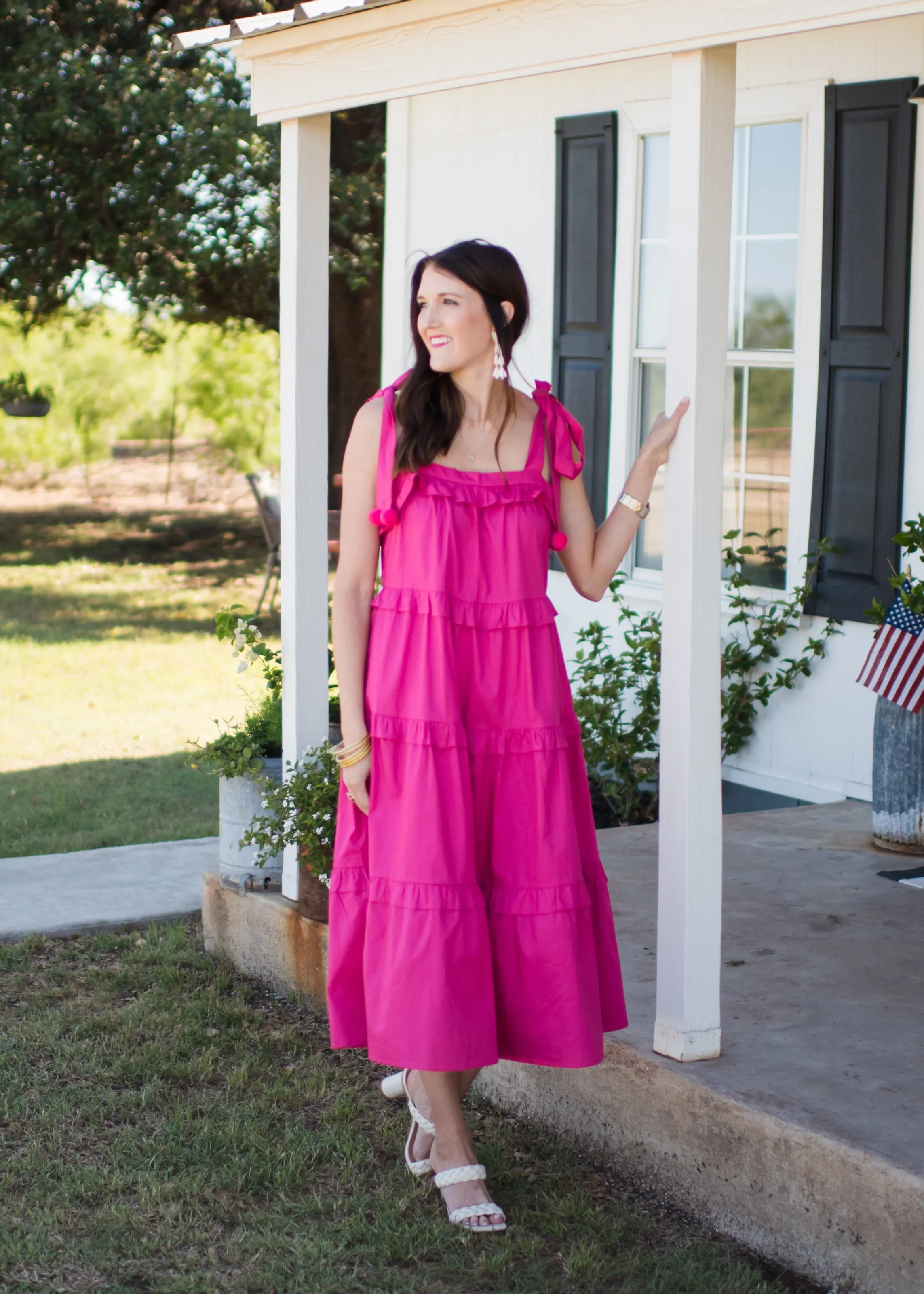 think PINK pom pom midi dress