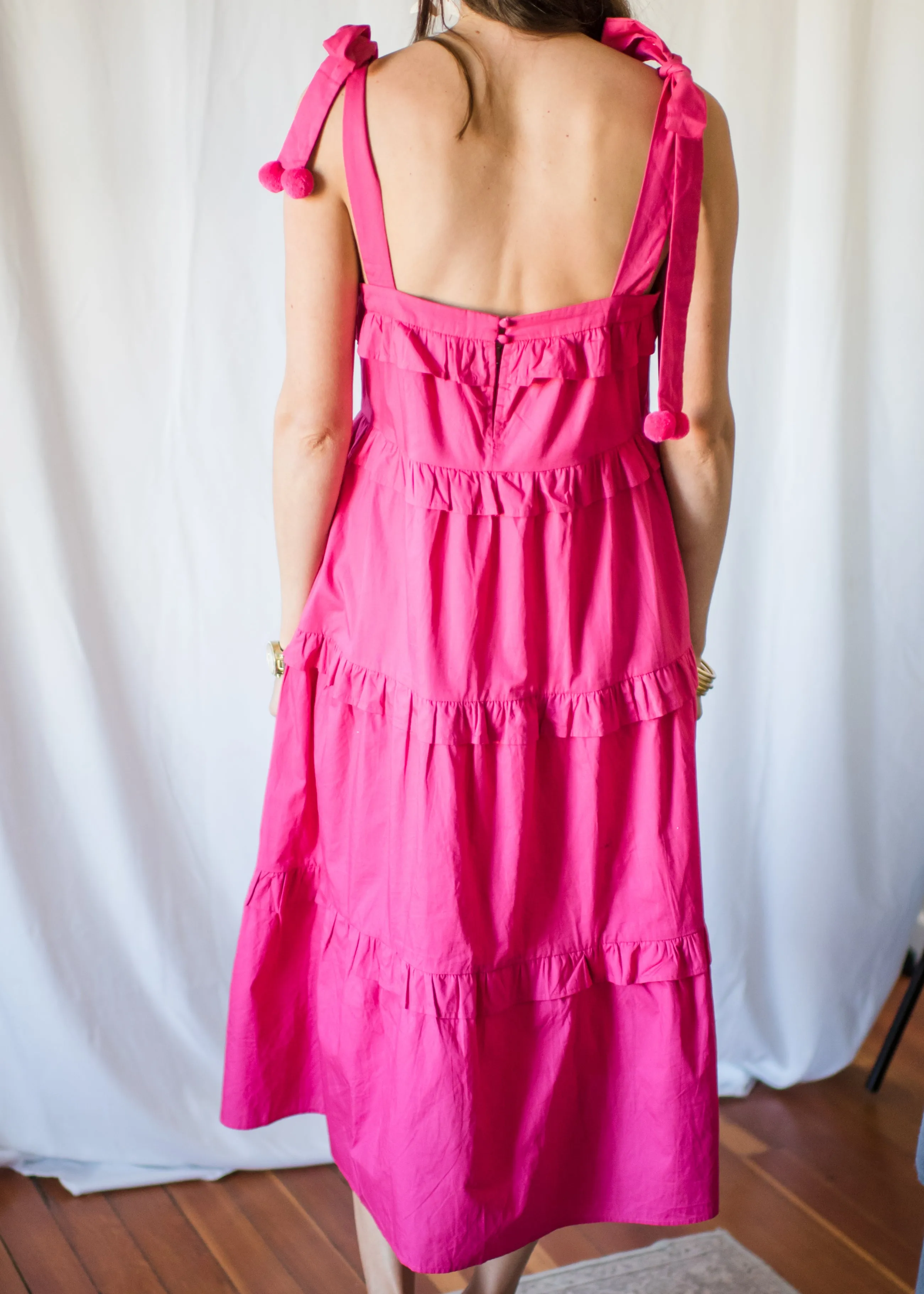 think PINK pom pom midi dress