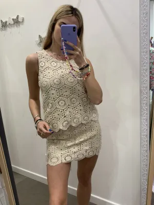 Top crochet beige smanicato