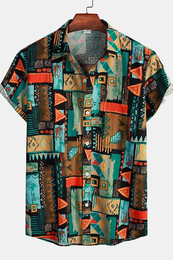 Tribal Geometry Print Button Up Shirt