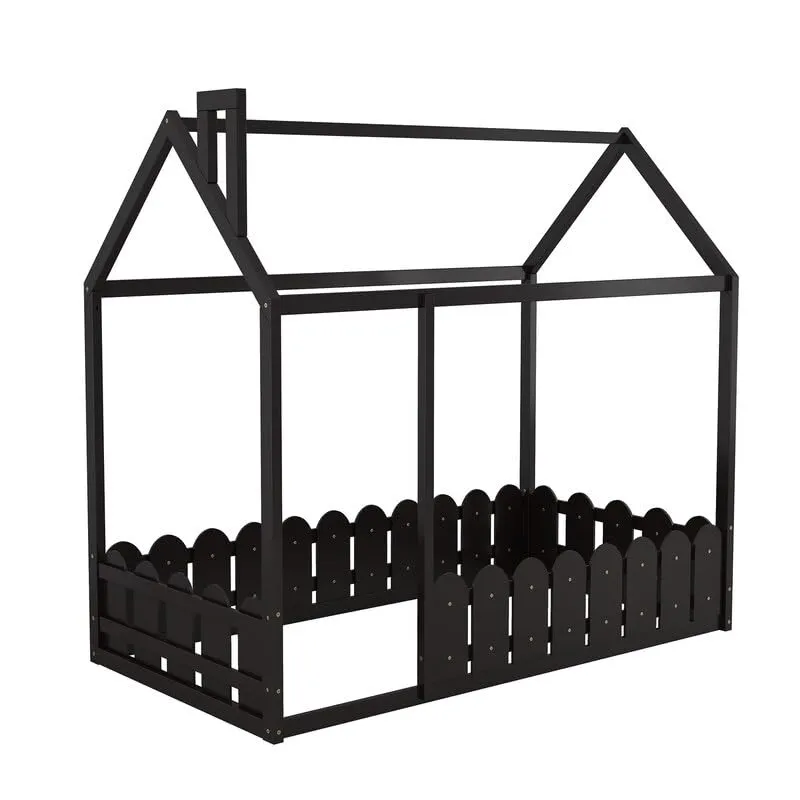 Twin Playhouse Design Wood Bed House Frame with Fence for Kids Teens