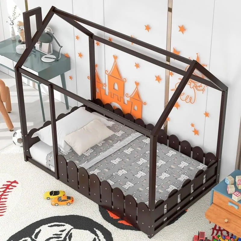 Twin Playhouse Design Wood Bed House Frame with Fence for Kids Teens