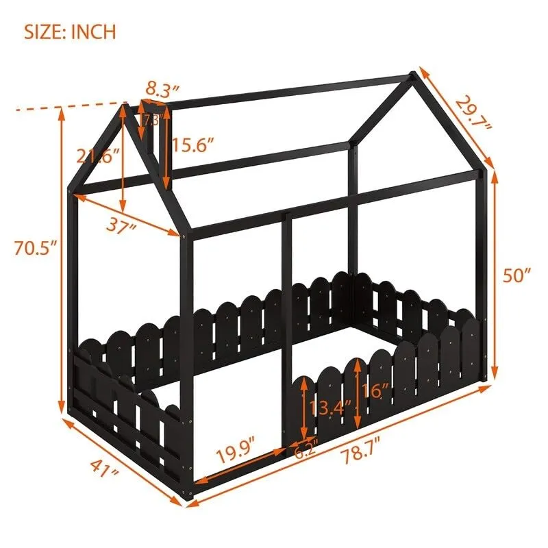Twin Playhouse Design Wood Bed House Frame with Fence for Kids Teens