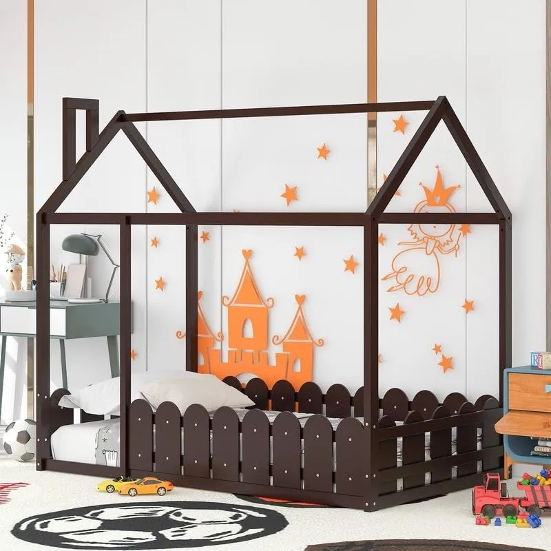 Twin Playhouse Design Wood Bed House Frame with Fence for Kids Teens