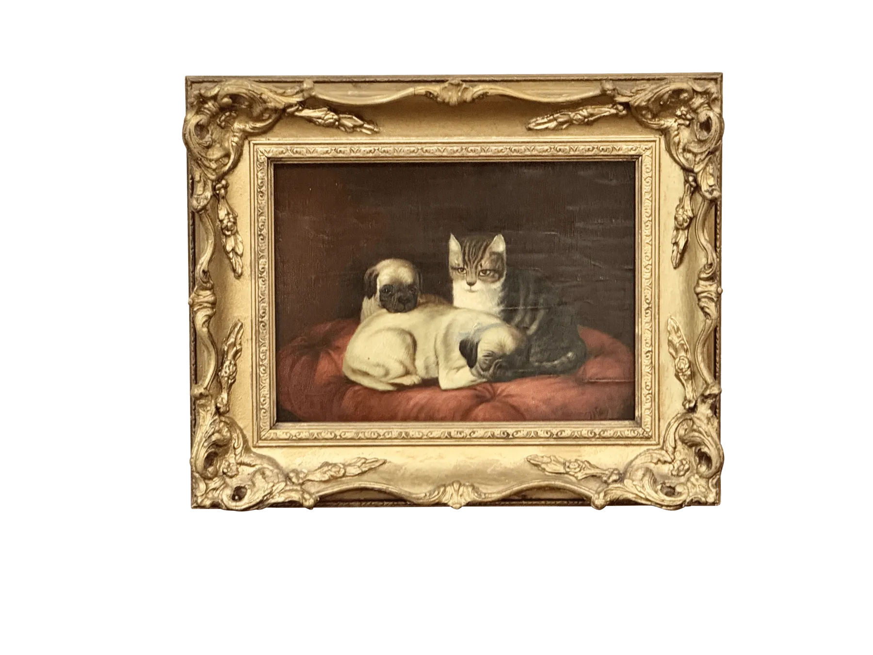 Two Pugs and a Cat 19th Century Oil Painting