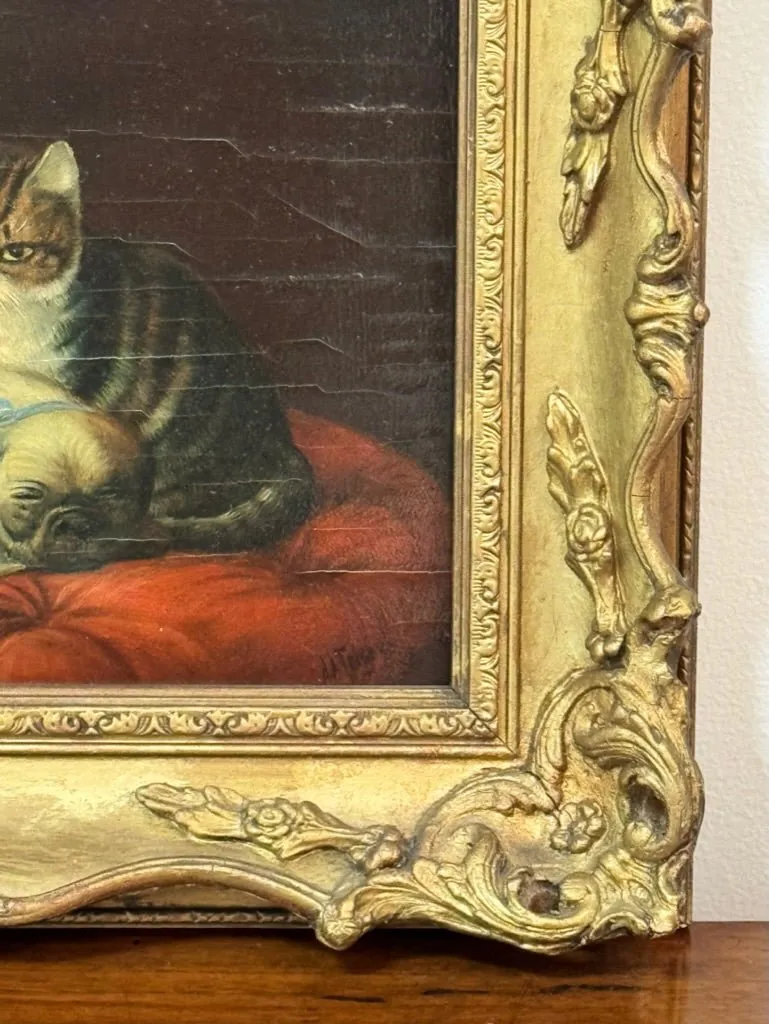 Two Pugs and a Cat 19th Century Oil Painting