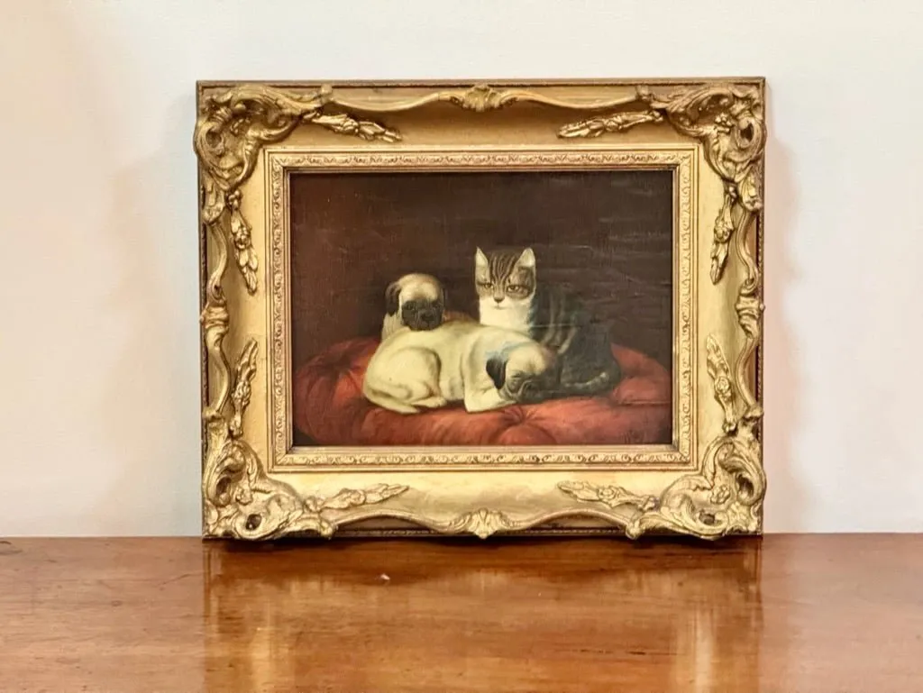 Two Pugs and a Cat 19th Century Oil Painting