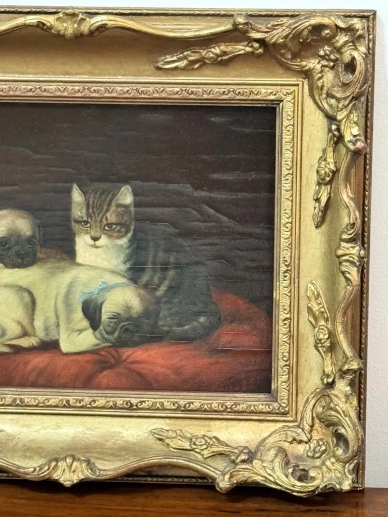 Two Pugs and a Cat 19th Century Oil Painting