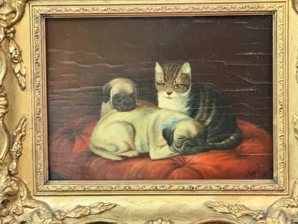 Two Pugs and a Cat 19th Century Oil Painting